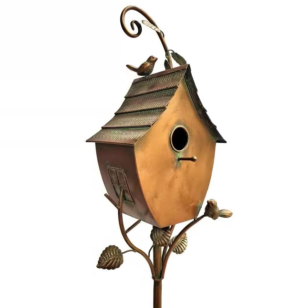Outdoor Powder Coated Iron Birdhouse with 3-Prong Garden Stake in Copper Finish FastFurnishings