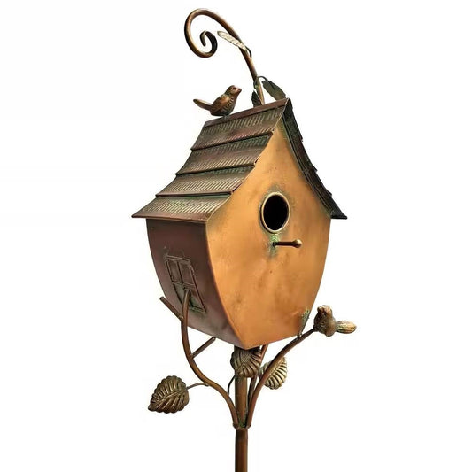 Outdoor Powder Coated Iron Birdhouse with 3-Prong Garden Stake in Copper Finish FastFurnishings