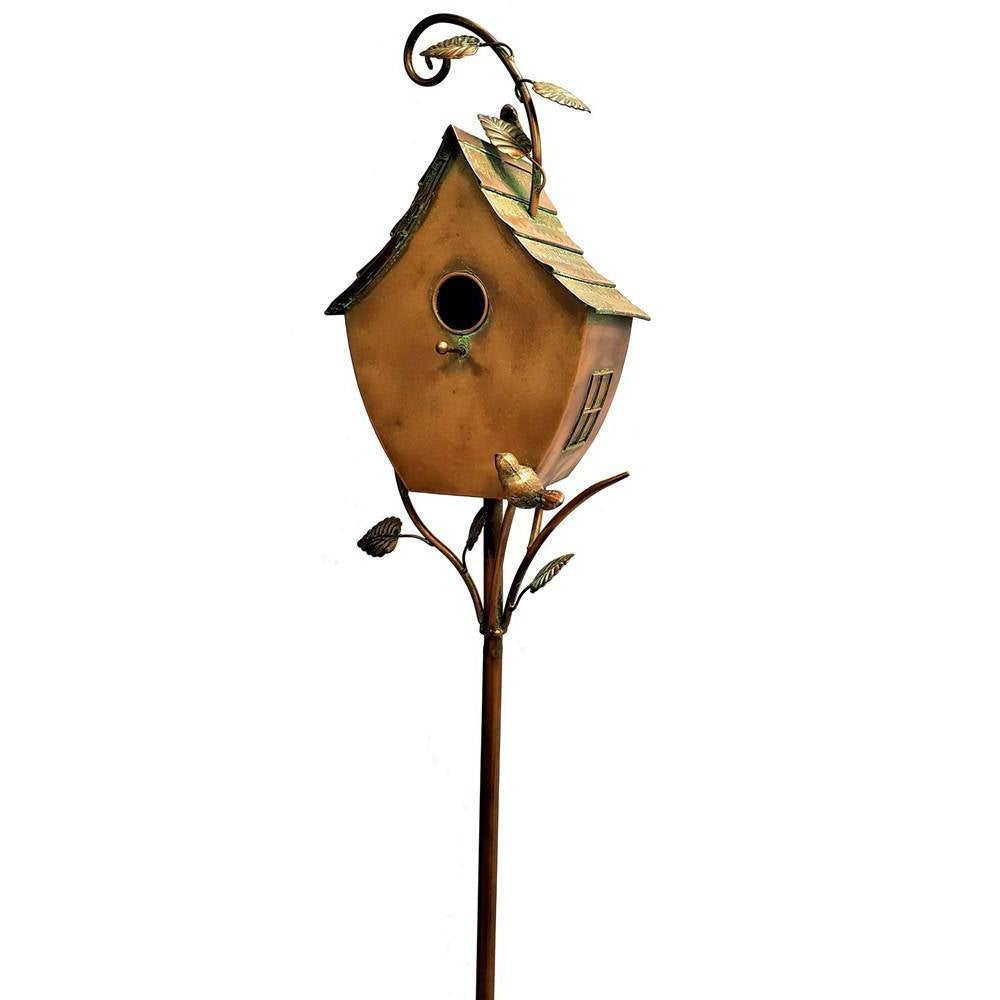 Outdoor Powder Coated Iron Birdhouse with 3-Prong Garden Stake in Copper Finish FastFurnishings