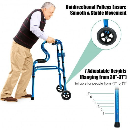 Aluminum Heavy-Duty Folding Wheeled Stand-Assist Walker-Blue - Color: Blue W2B