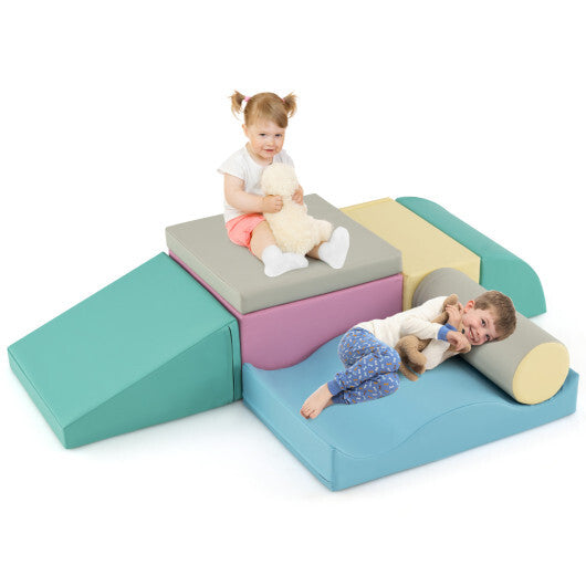 7-Piece Soft Play Equipment with Zippered PU Cover Indoor Foam Climbing Blocks-Blue W2B