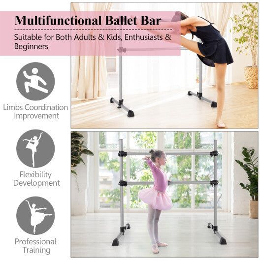 4 Feet Double Ballet Barre Bar with Adjustable Height-Silver W2B