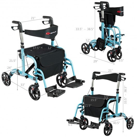 2-in-1 Adjustable Folding Handle Rollator Walker with Storage Space-Blue