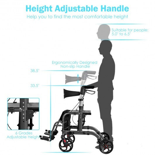 2-in-1 Adjustable Folding Handle Rollator Walker with Storage Space-Blue