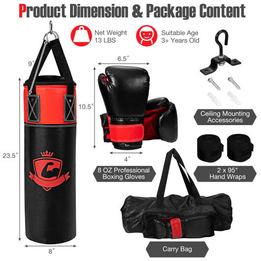 11 Pounds Kids Hanging Punching Bag Set with Punching Gloves-Black W2B