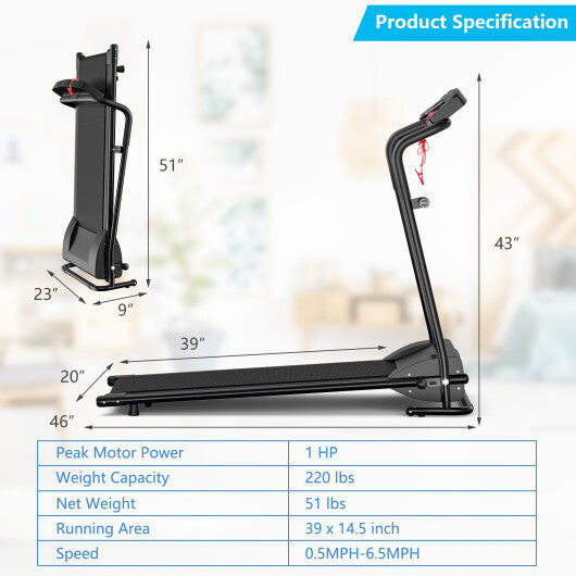 1.0 HP Electric Mobile Power Foldable Treadmill with Operation Display for Home