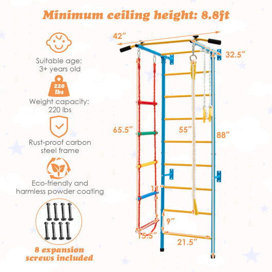 7 In 1 Kids Indoor Gym Playground Swedish Wall Ladder for Solid Wall-Yellow W2B