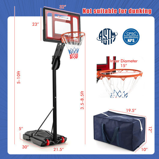 Basketball Hoop with 5-10 Feet Adjustable Height for Indoor Outdoor W2B