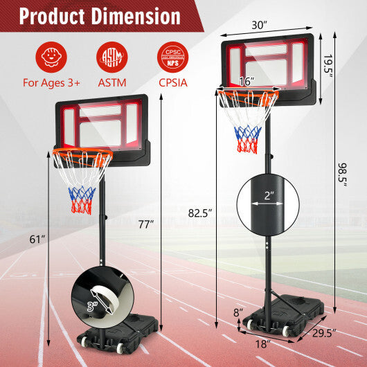 4.3-8.2 FT Portable Basketball Hoop with Adjustable Height and Wheels-Red W2B