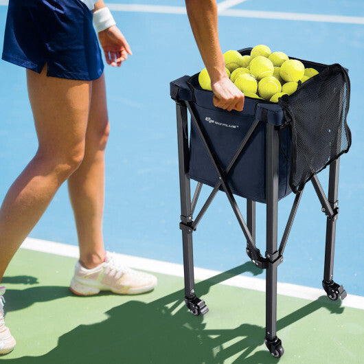 Lightweight Foldable Tennis Ball Teaching Cart with Wheels and Removable Bag-Blue W2B