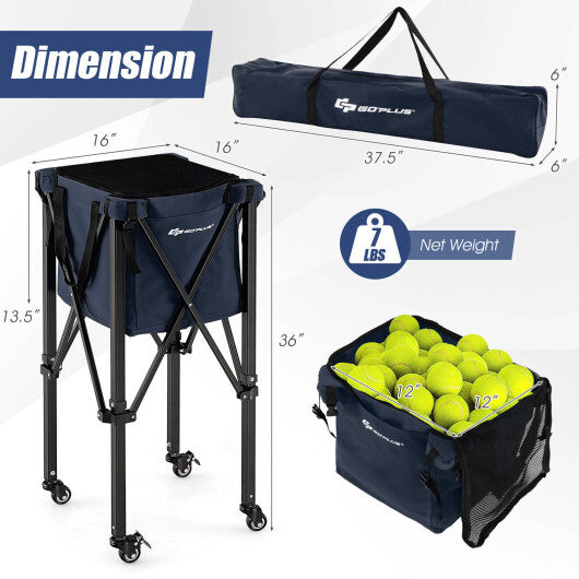 Lightweight Foldable Tennis Ball Teaching Cart with Wheels and Removable Bag-Blue W2B