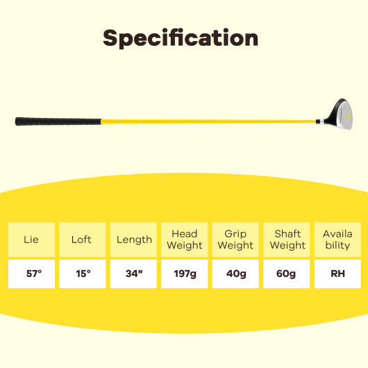 34 Inch 165CC Junior #3 Fairway Wood Golf Club with Fiberglass Shaft for Kids Ages 8-10-Yellow W2B