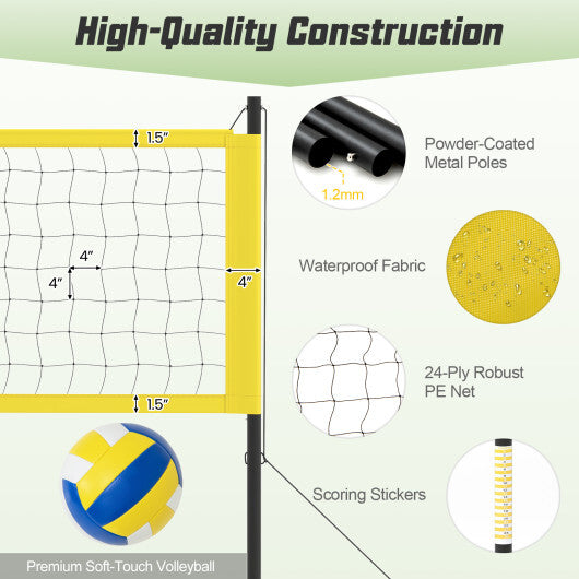 Portable Outdoor Volleyball Net Set Heavy-Duty Volleyball Net System-Yellow W2B