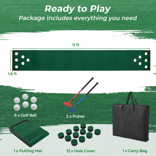 11 FT Indoor Outdoor Putting Green Mat with 2 Adjustable Putters and 6 Balls W2B