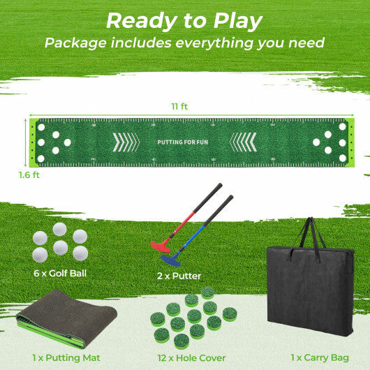 11 FT Putting Green Mat with 2 Adjustable Putters and 6 Balls W2B