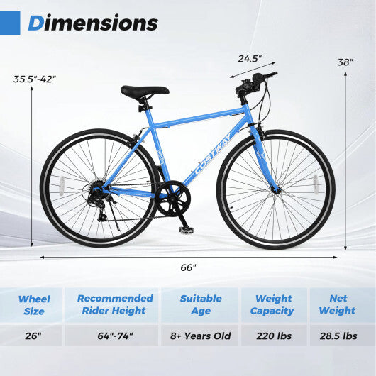 26 Inch Mountain Bike Adjustable with 6-Speed and All-terrain Rubber Wheels-Blue - Color: Blue - Size: 26 inches W2B