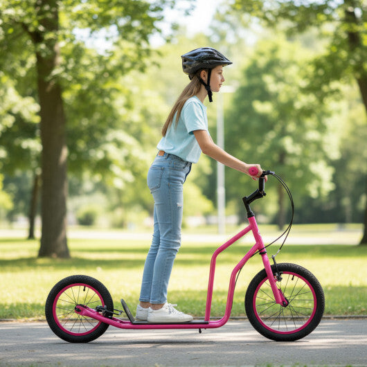 Youth Scooter with Adjustable Handlebar and 16/14-Inch Inflatable Wheels for Age 8+ Years Old-Black W2B
