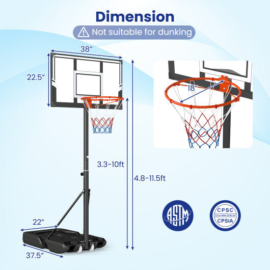 3.3-10 Feet Portable Basketball Hoop Adjustable with Base and Wheels W2B