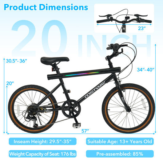 20 Inch LED-lit Cycling Bike with 2 Speakers and Ambient Lights for Men and Women-Black W2B