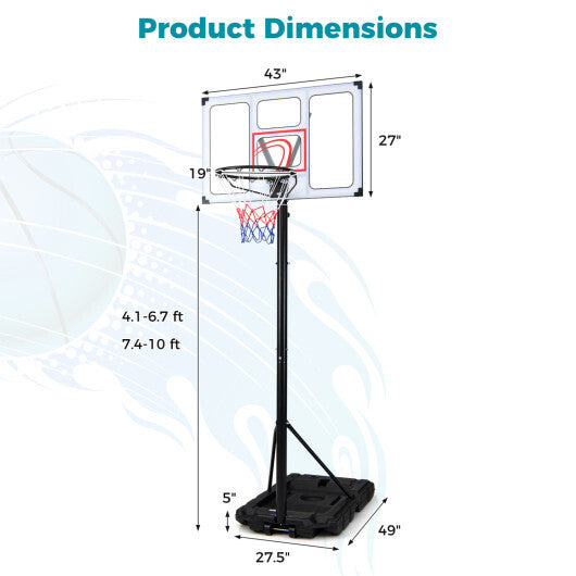 4.1-10 Feet Portable Basketball Hoop 18-Level Adjustable with Heavy Duty Fillable Base W2B