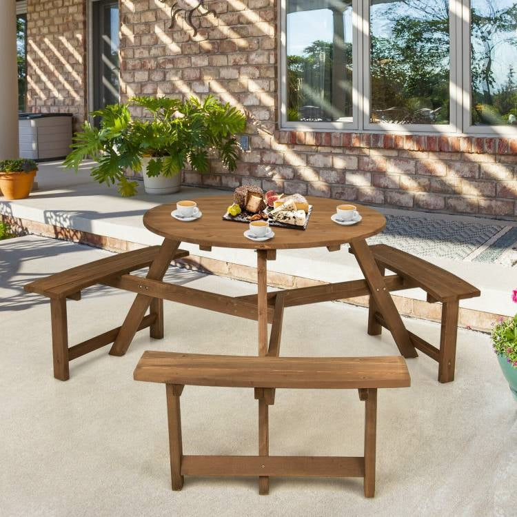 Outdoor Solid Wood Round Picnic Table Set with Umbrella Hole and 3 Benches FastFurnishings