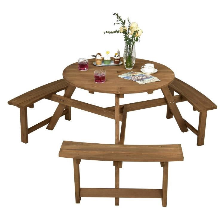 Outdoor Solid Wood Round Picnic Table Set with Umbrella Hole and 3 Benches FastFurnishings