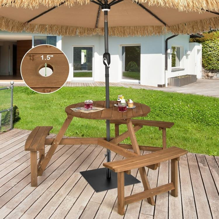 Outdoor Solid Wood Round Picnic Table Set with Umbrella Hole and 3 Benches FastFurnishings