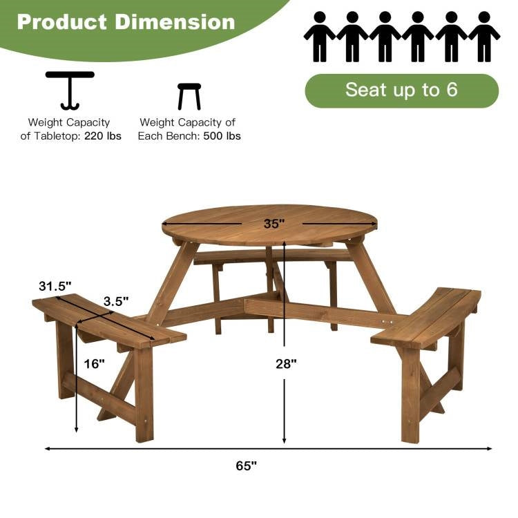 Outdoor Solid Wood Round Picnic Table Set with Umbrella Hole and 3 Benches FastFurnishings