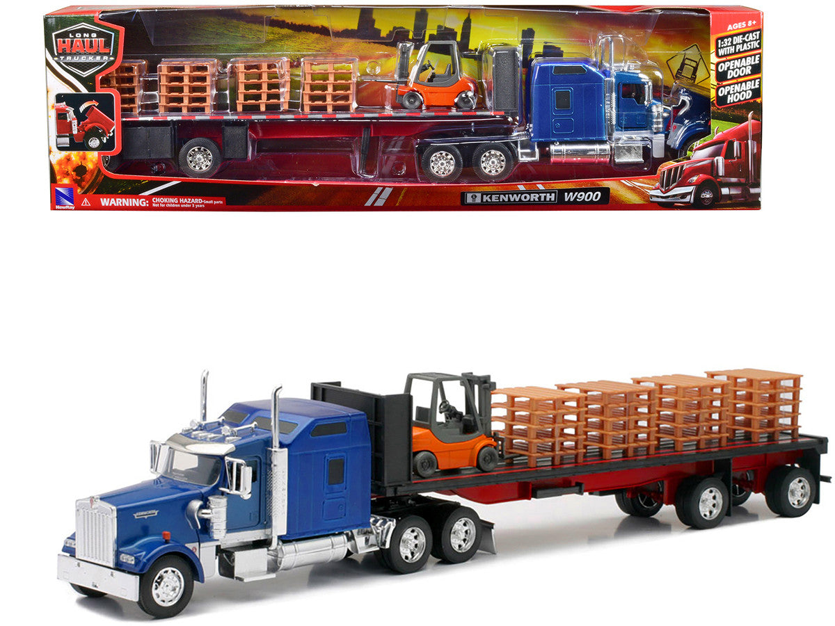 Kenworth W900 Truck with Flatbed Trailer Blue with Forklift and Pallets "Long Haul Truckers" Series 1/32 Diecast Model by New Ray New Ray