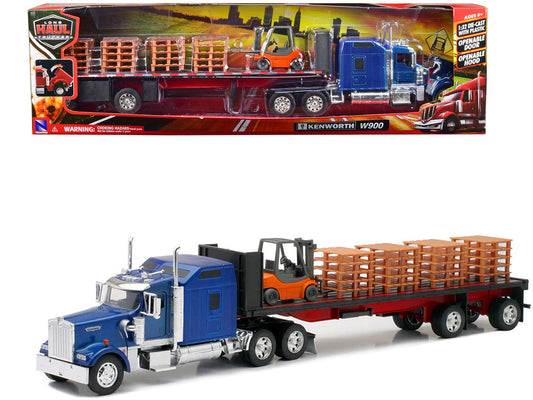 Kenworth W900 Truck with Flatbed Trailer Blue with Forklift and Pallets "Long Haul Truckers" Series 1/32 Diecast Model by New Ray New Ray