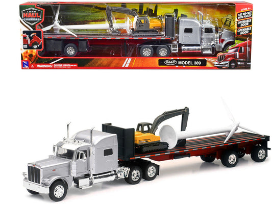Peterbilt 389 Truck with Flatbed Trailer Silver Metallic with Excavator and Wind Turbine "Long Haul Truckers" Series 1/32 Diecast Model by New Ray New Ray