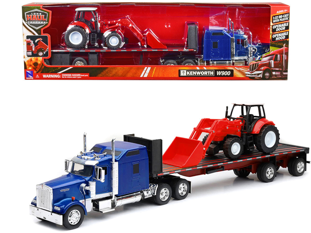 Kenworth W900 Truck with Flatbed Trailer Blue Metallic with Farm Tractor Red "Long Haul Truckers" Series 1/32 Diecast Model by New Ray New Ray