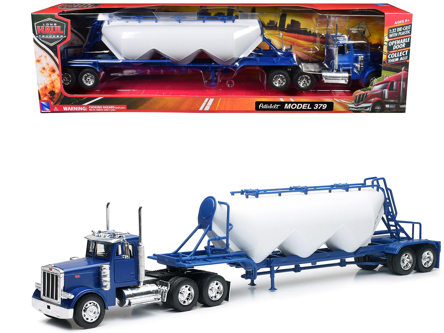 Peterbilt 379 Truck Blue with Pneumatic Tanker Trailer White "Long Haul Truckers" Series 1/32 Diecast Model by New Ray