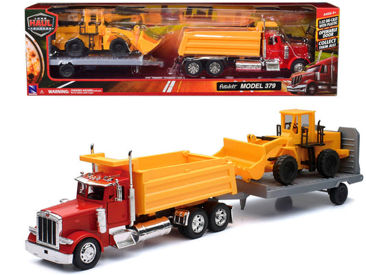 Peterbilt 379 Dump Truck Red and Wheel Loader Yellow with Flatbed Trailer "Long Haul Truckers" Series 1/32 Diecast Model by New Ray New Ray