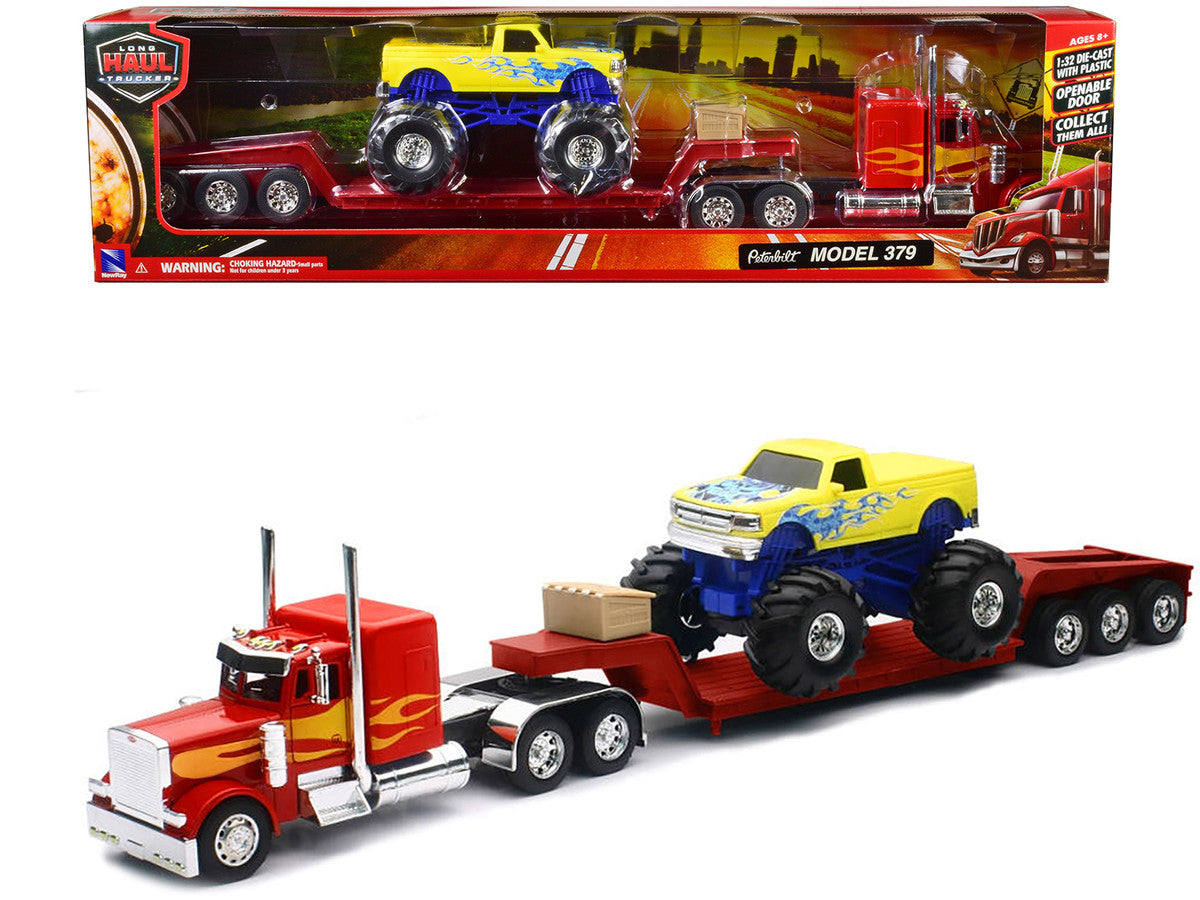Peterbilt 379 Truck with Lowboy Trailer Red with Orange Flames and Monster Truck Yellow with Blue Flames "Long Haul Truckers" Series 1/32 Diecast Model by New Ray New Ray