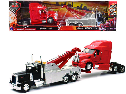 Peterbilt 379 Tow Truck Black with Peterbilt 387 Truck Tractor Red Set of 2 pieces 1/32 Diecast Model by New Ray New Ray