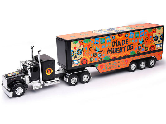 Kenworth W900 Truck Black with Graphics and Dry Van Trailer "Dia De Muertos" 1/32 Diecast Model by New Ray New Ray