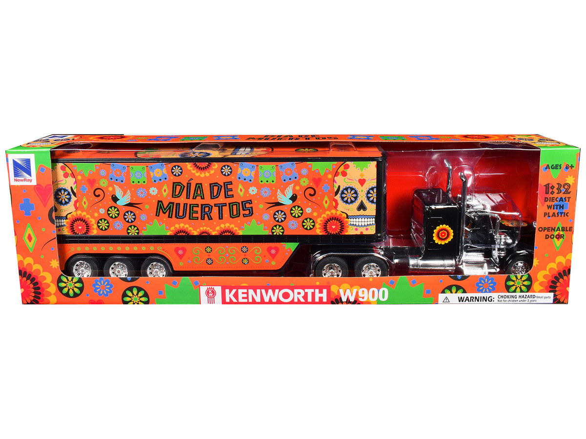 Kenworth W900 Truck Black with Graphics and Dry Van Trailer "Dia De Muertos" 1/32 Diecast Model by New Ray New Ray