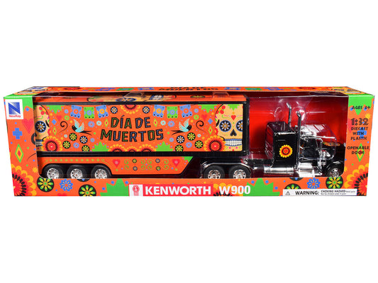 Kenworth W900 Truck Black with Graphics and Dry Van Trailer "Dia De Muertos" 1/32 Diecast Model by New Ray New Ray