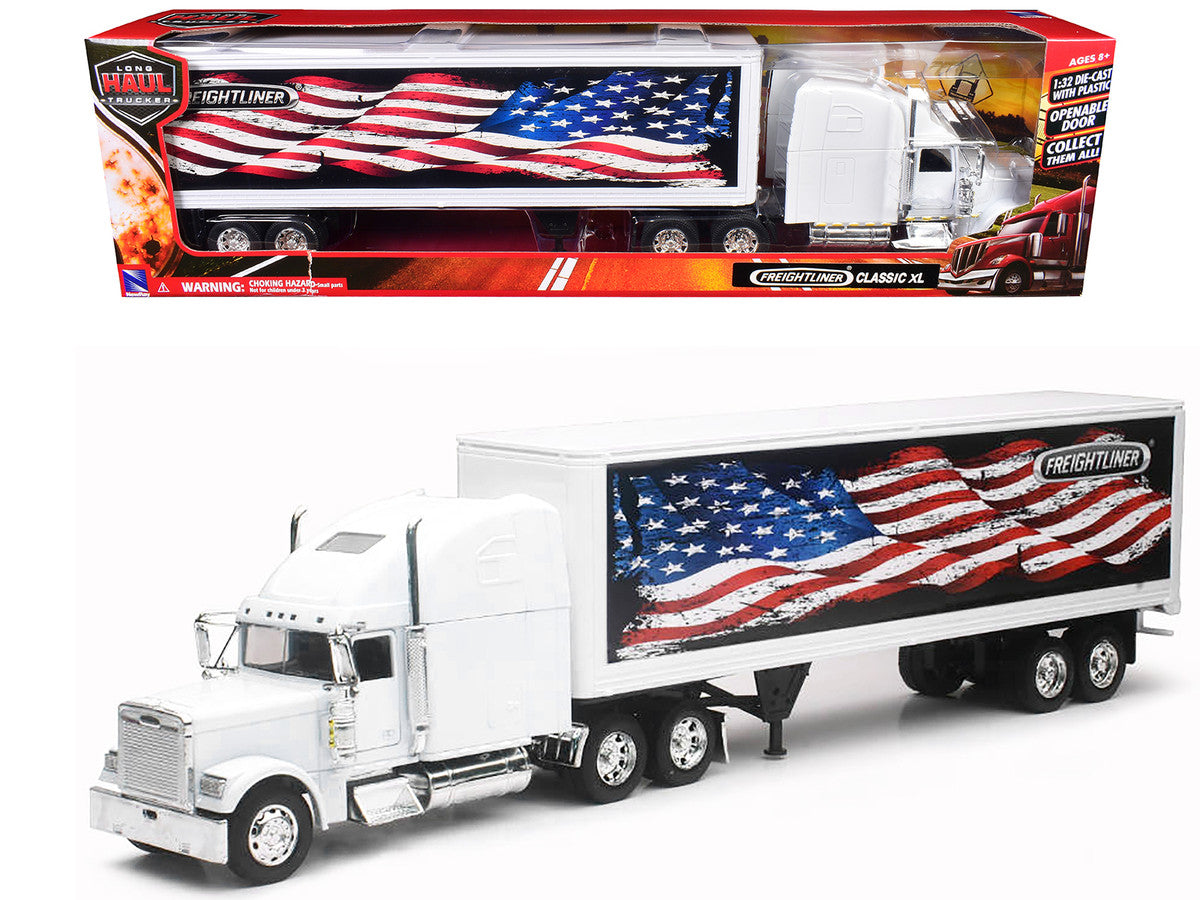 Freightliner Classic XL Truck White with Dry Van Trailer White with Patriotic Graphic "Long Haul Truckers" Series 1/32 Diecast Model by New Ray New Ray