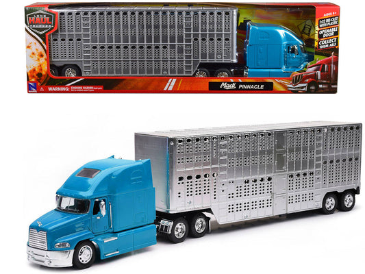 Mack Pinnacle Truck with Pot Belly Livestock Trailer Blue and Chrome "Long Haul Truckers" Series 1/32 Diecast Model by New Ray New Ray