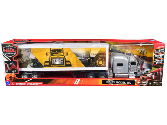 Peterbilt 389 Truck Silver Metallic with Dry Van Trailer "Trucker Keep The World Running" "Long Haul Truckers" Series 1/32 Diecast Model by New Ray New Ray