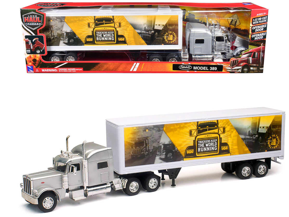 Peterbilt 389 Truck Silver Metallic with Dry Van Trailer "Trucker Keep The World Running" "Long Haul Truckers" Series 1/32 Diecast Model by New Ray New Ray