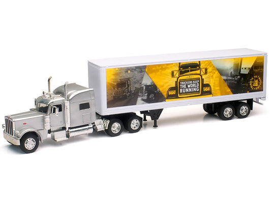 Peterbilt 389 Truck Silver Metallic with Dry Van Trailer "Trucker Keep The World Running" "Long Haul Truckers" Series 1/32 Diecast Model by New Ray