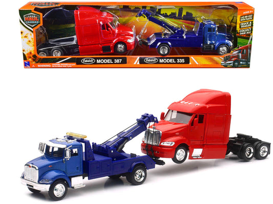 Peterbilt Model 335 Tow Truck Blue and Peterbilt Model 387 Cab Red Set of 2 Pieces 1/43 by New Ray New Ray