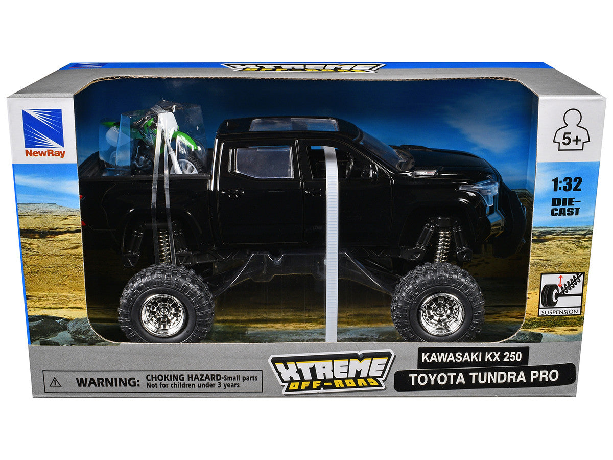 Toyota Tundra Pro Pickup Truck Black and Kawasaki KX 250 Motorcycle Green and White "Xtreme Off-Road" Series 1/32 Diecast Models by New Ray New Ray