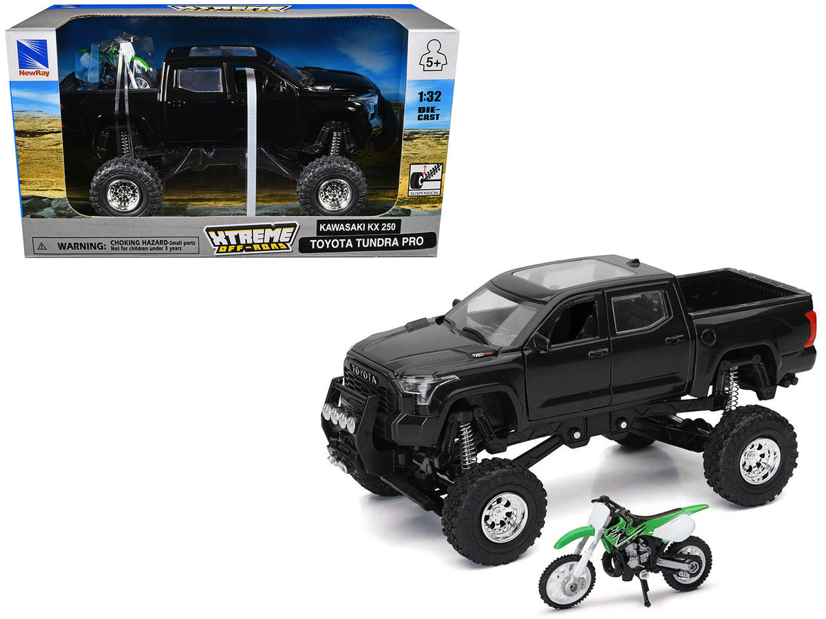 Toyota Tundra Pro Pickup Truck Black and Kawasaki KX 250 Motorcycle Green and White "Xtreme Off-Road" Series 1/32 Diecast Models by New Ray New Ray