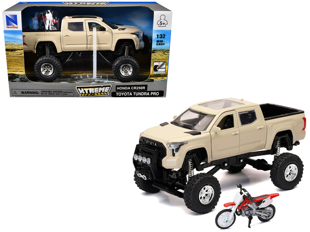 Toyota Tundra Pro Pickup Truck Tan and Honda CR250R Motorcycle Red and White "Xtreme Off-Road" Series 1/32 Diecast Models by New Ray New Ray