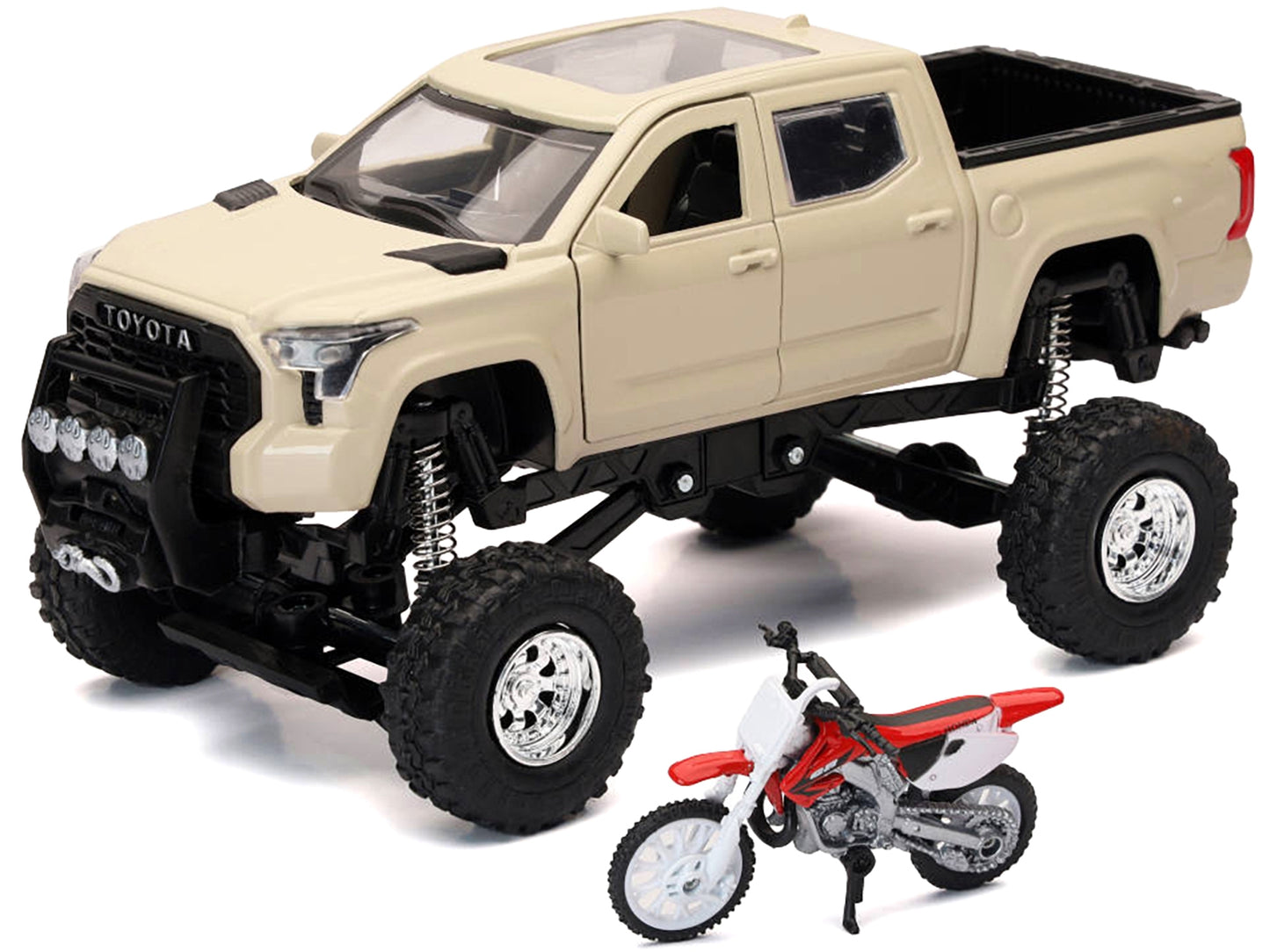 Toyota Tundra Pro Pickup Truck Tan and Honda CR250R Motorcycle Red and White "Xtreme Off-Road" Series 1/32 Diecast Models by New Ray