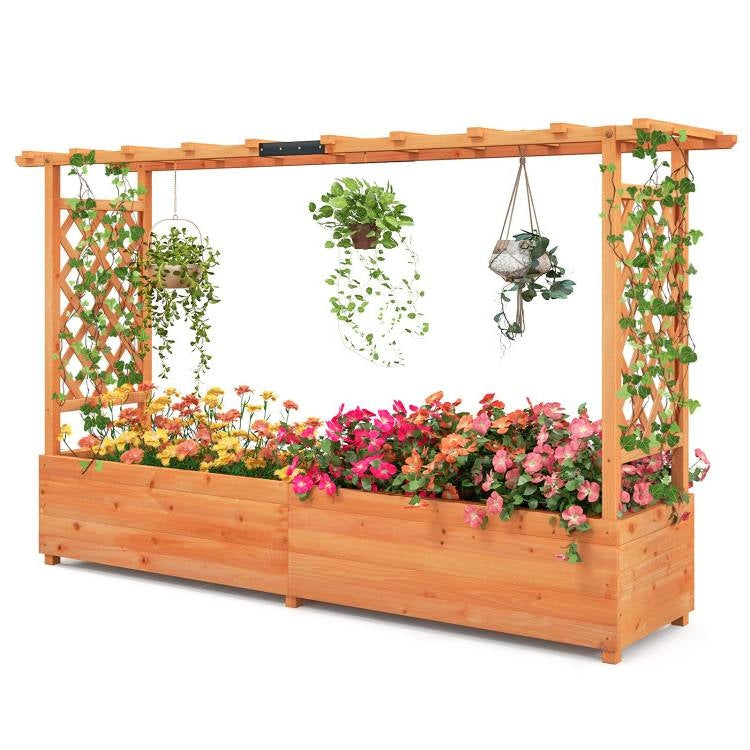 Solid Fir Wood Rectangle Raised Garden Bed with Side Trellis FastFurnishings